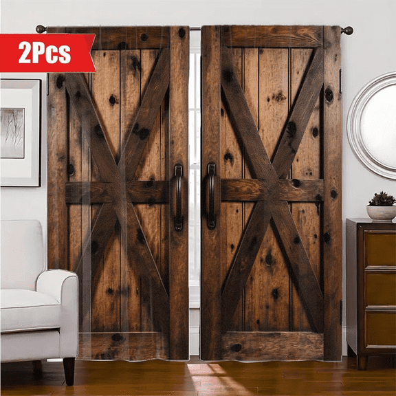 VGTYMENA Rustic Barn Door Curtains, Farmhouse Ambiance, Light Filtering Window Drapes, For Bedroom W42xH63 Inch 2Pcs