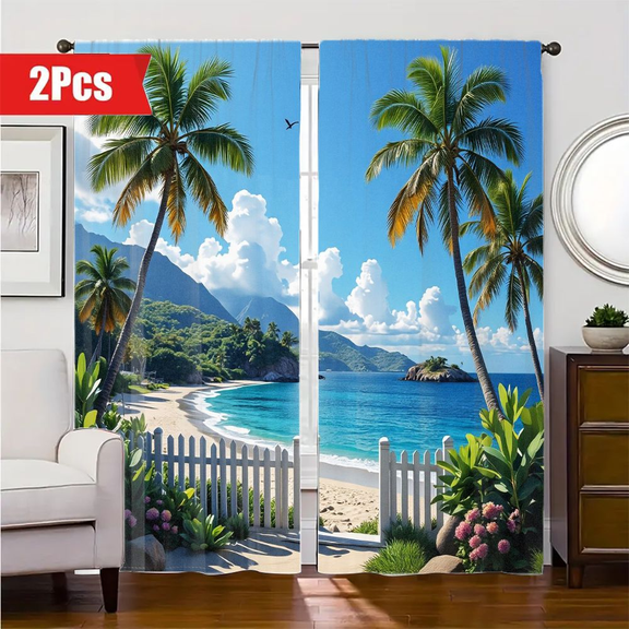 VGTYMENA Tropical Beach Palm Trees Ocean View Curtains, Coastal Seaside Scenery Room Decor W52xH84 Inch 2Pcs