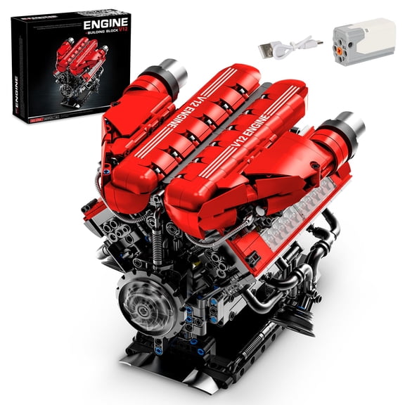 VGY V12 Engine Model Kit That Runs, 12-Cylinder Sports Car Engine Building Set with Rechargeable Motor for Adults, Engineering Construction STEM Toy for Teens (1607 PCS)