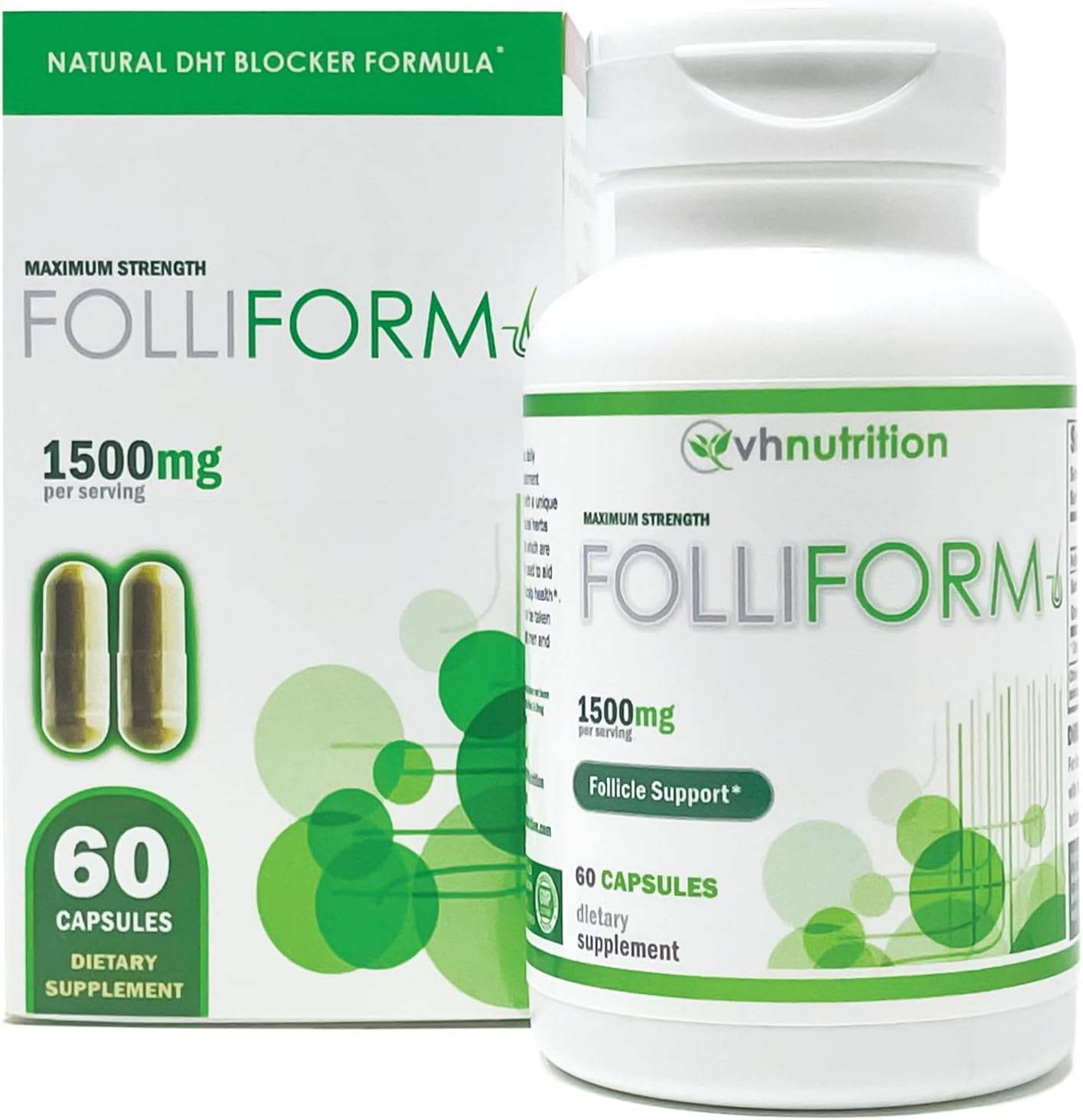 VH Nutrition FOLLIFORM DHT Blocker for Men & Women 1500mg - Supports Healthy Hair Growth, Scalp Health, Maximum Strength Hair Loss Treatment - 60 Capsules