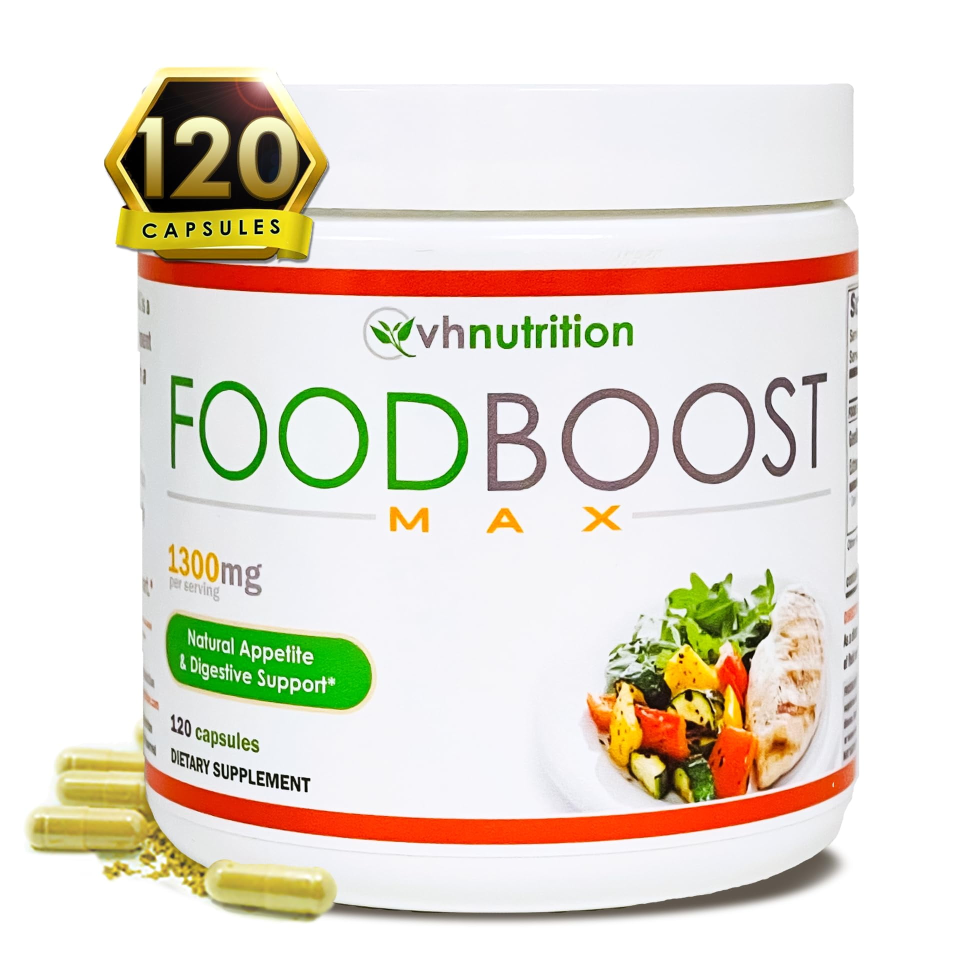VH Nutrition | FoodBoost MAX 1300mg | Appetite Stimulant Weight Gain Pills for Men and Women | Formulated with Gentian, Turmuric, Fennel | 120 Capsules