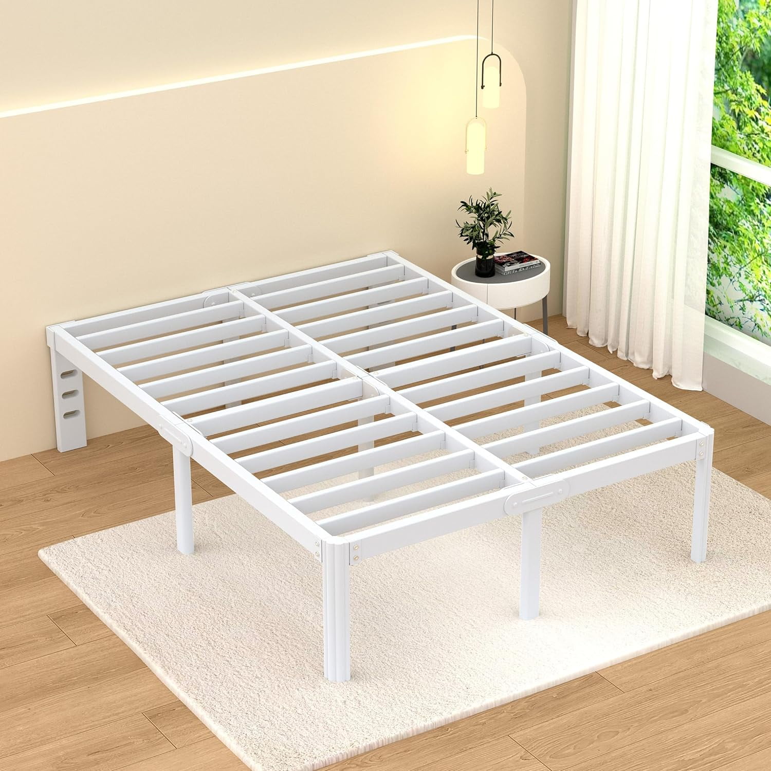 VHAHA 18 Inch White Bed Frame Queen Size, Metal Queen Platform Bed