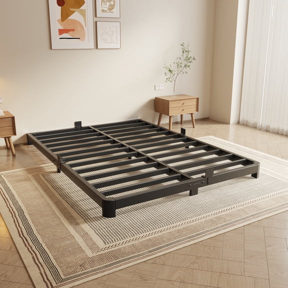VHAHA 4 Inch Low Bed Frame Queen, Low Profile Queen Bed Frame No Box Spring Needed with Mattress Stoppers, DIY Headboard, Heavy Duty Steel Support 3000 LBS, Rounded Legs, Easy Assembly, Noiseless