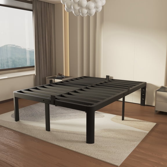 VHAHA Black Bed Frame Queen Size 14 Inch, Metal Queen Bed Frame No Box Spring Needed, DIY Headboard Holes, Heavy Duty Steel Support 3500 LBS, Noiseless, Round Corner Leg, Storage Space, Easy Assembly