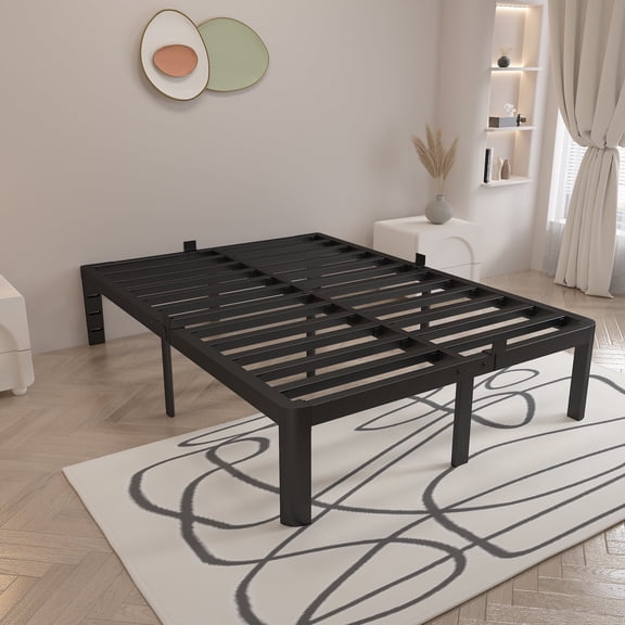 VHAHA Full Size Bed Frame 16 Inch, Metal Platform Full Bed Frame No Box Spring Needed, DIY Headboard Hole, Heavy Duty Steel Support 3500 LBS, Noiseless, Round Leg, Storage Space, Easy Assembly, Black