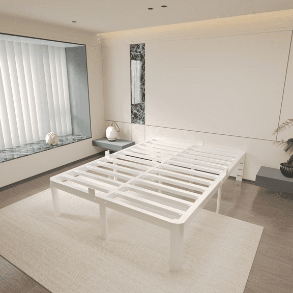 VHAHA White Bed Frame Queen Size 16 Inch, Metal Queen Bed Frame No Box Spring Needed, Heavy Duty Steel Support 3500 LBS, DIY Headboard, Noiseless, Round Corner Legs, Storage Space, Easy Assembly