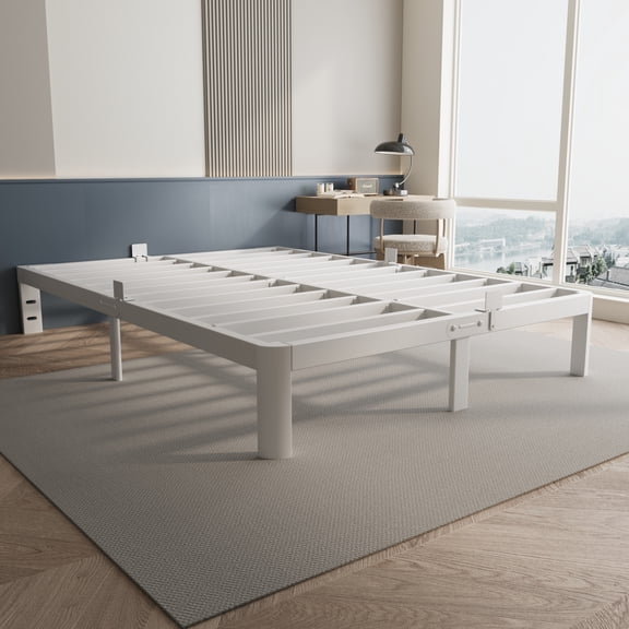 VHAHA White Full Bed Frame 10 Inch, Low Full Size Bed Frame No Box Spring Needed with Mattress Stoppers, DIY Headboard, Heavy Duty Steel Support 3000 LBS, Rounded Legs, Easy Assembly, Noiseless