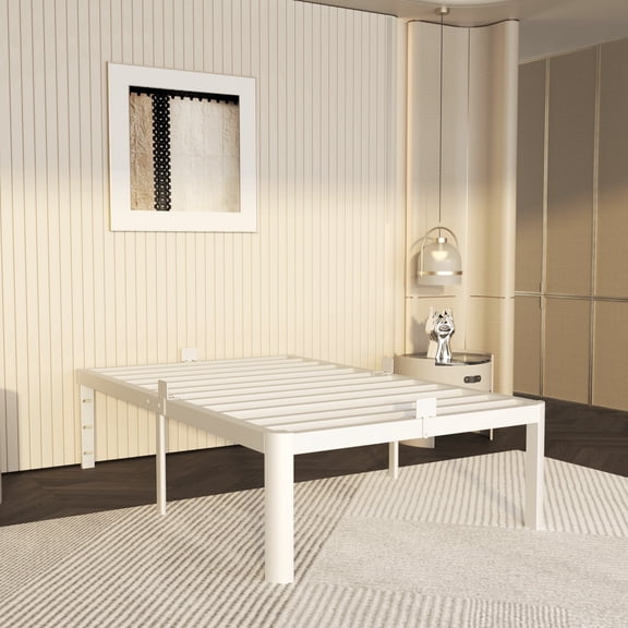 VHAHA White Twin Size Bed Frames 14 Inch, Metal Platform Twin Bed Frame No Box Spring Needed, Heavy Duty Steel Support 3500 LBS, DIY Headboard, Round Legs, Noiseless, Storage Space, Easy Assembly