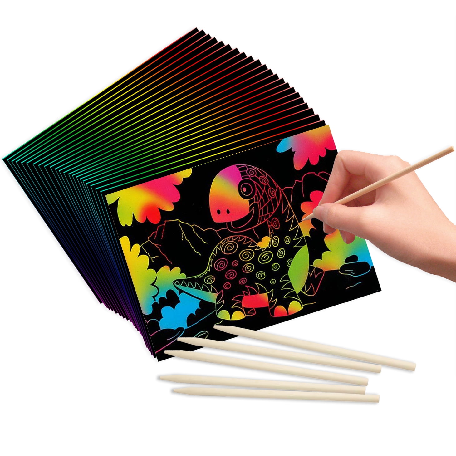 RMJOY Scratch Rainbow Art Paper Set - 50pcs Magic Scratch Off Art Craft Supplies Kits for Kids Girls Boys Black Scratch Notes Sheet Doodle Pad for Fun