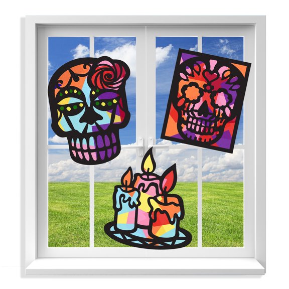VHALE Suncatcher Kit, Stained Glass Paper Suncatchers Window Art, Children Creative Arts and Crafts, 3 Sets (Day of the Dead)