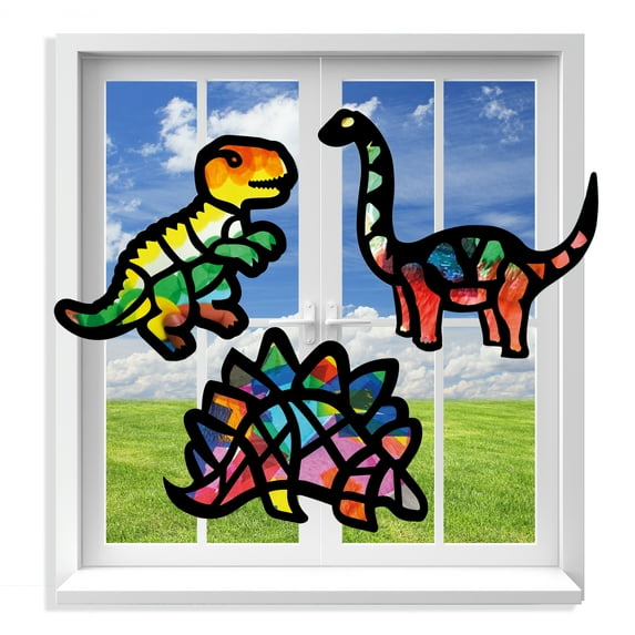 VHALE Suncatchers Craft, Stained Glass Effect Paper Sun Catcher Kit, Window Art, Classroom Crafts, Creative Art Projects, 3 Sets (Dinosaur)
