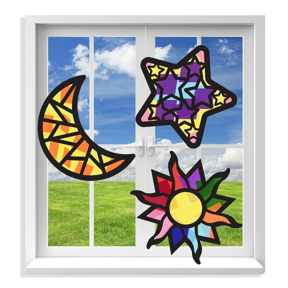VHALE Suncatcher Kit, Stained Glass Paper Suncatchers Window Art, Children Creative Arts and Crafts, 3 Sets (Sun, Moon, and Stars)