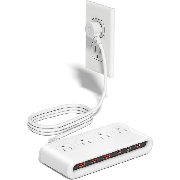 VHBW 10-in-1 Flat Plug Power Strip with USB C, PD20W Fast Charging, 4 AC Outlets & 6 USB Ports (3 USB-C + 3 USB-A), 5FT Extension Cord, Compact Charging Station for Travel, Home & Office (White)