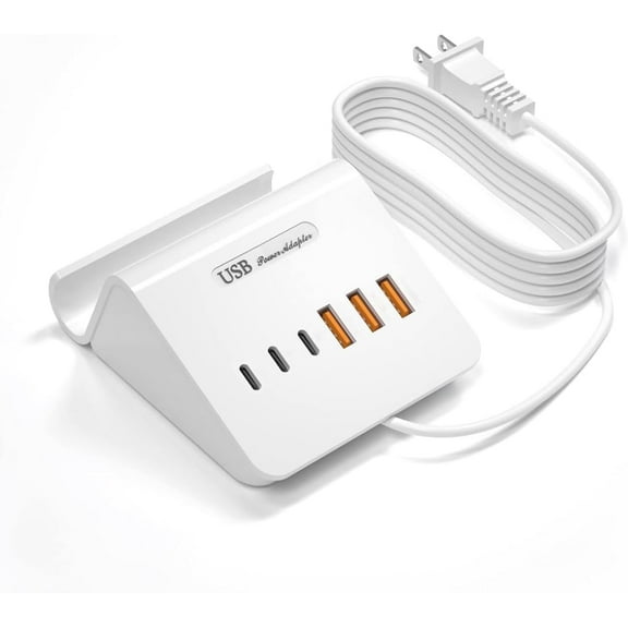 VHBW USB Charging Station, 6 Port 3USB-A and 3USB-C Charger Station with Phone Stand (6Ft Extension Cord, White)