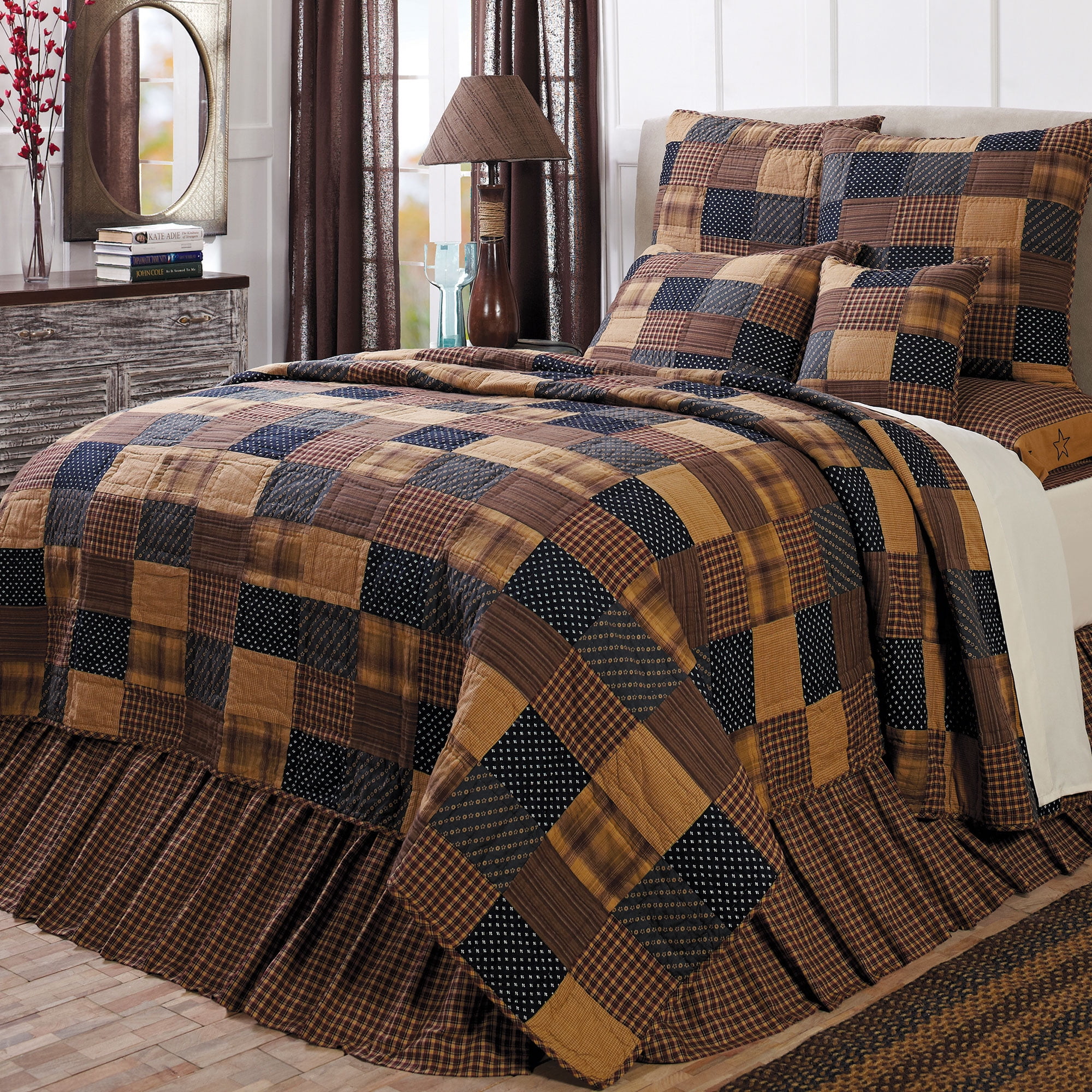 Navy and Tan Cotton Patchwork Queen Quilt Set