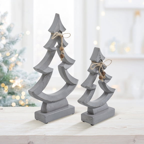 VHC Brands 2PC Jinglewood Distressed Grey Wooden Tree ,Small and Large