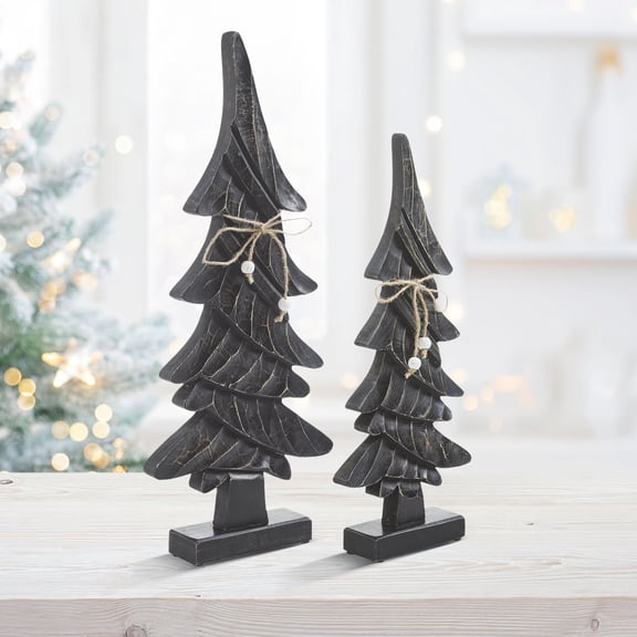 VHC Brands 2PC Primitive Pine Distressed Black Wooden Tree ,Small and Large