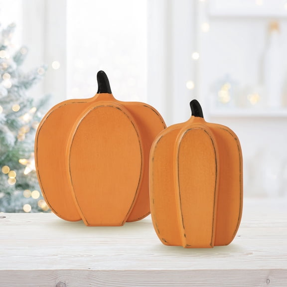 VHC Brands 2PC Short Orange Wooden Pumpkin ,Small and Large