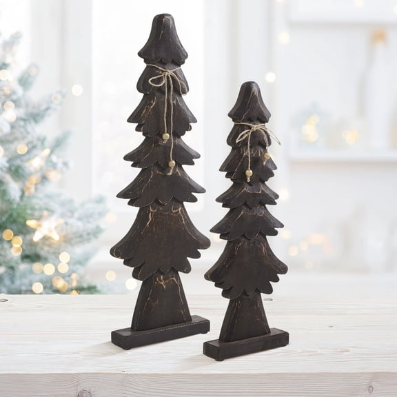 VHC Brands 2PC Tidings Timber Dark Wooden Tree ,Small and Large