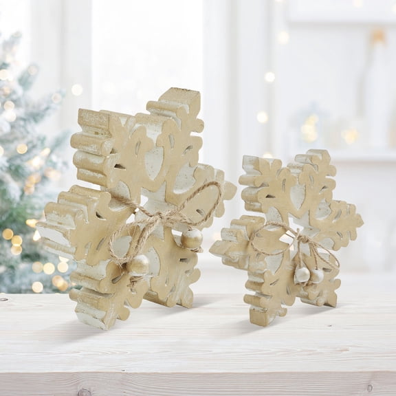 VHC Brands 2PC Yuletide Glow Brushed Gold Wooden Snowflake ,Small and Large