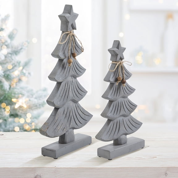 VHC Brands 3PC Starry Pine Distressed Grey Wooden Tree ,Small Meduim and Large