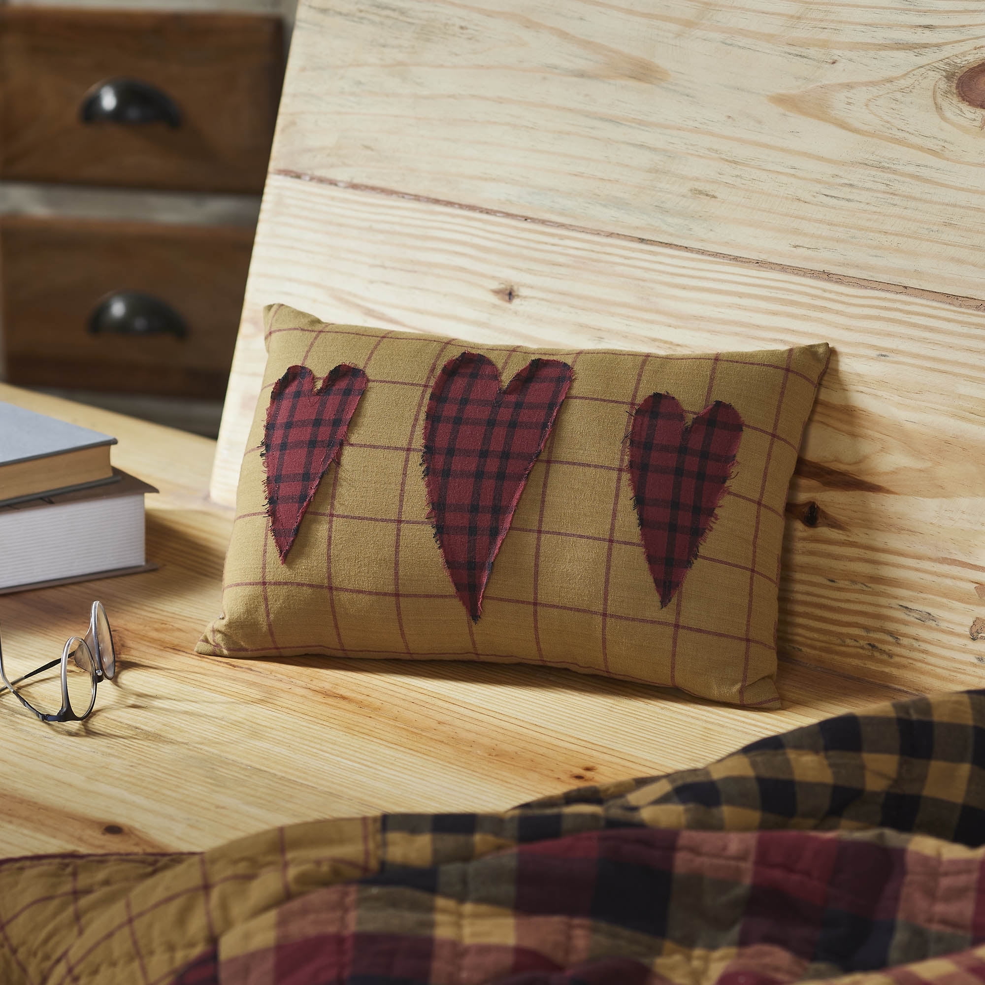 Burgundy Heart Applique Rectangular Cotton Pillow 9.5x14