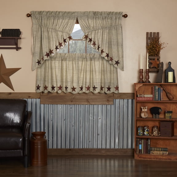 VHC Brands Abilene Star 4 PC Tan Curtain Set (2 Prairie Swag 36x18 and 2 Tier 24x36)