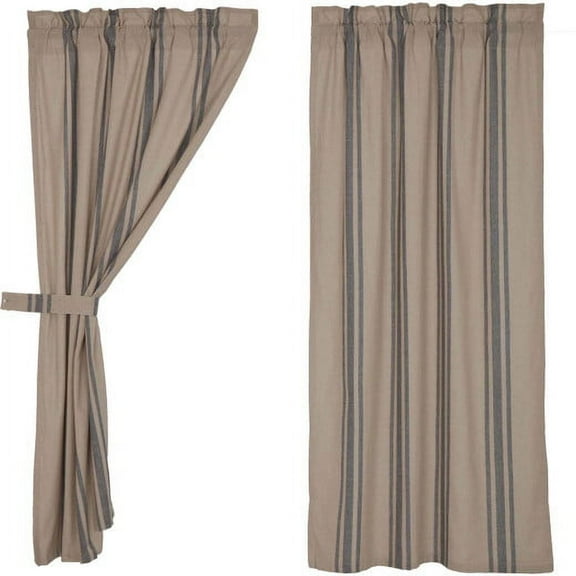 VHC Brands Americana Hatteras Blue Ticking Rod Pocket Cotton Drawstring Ties Seersucker Striped Curtain, Prairie Panel 63x36x18
