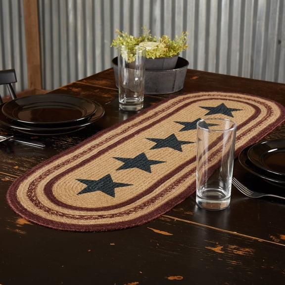 VHC Brands Americana Primitive Potomac Stencil Stars Jute Runner, Burgundy, 13x36