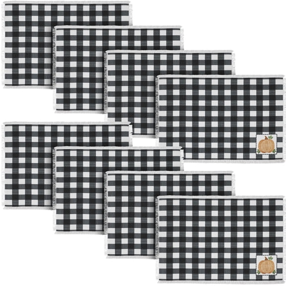 VHC Brands Annie Black Check Pumpkin Placemat Set of 2 13x19, 4 Pack 8 Pack