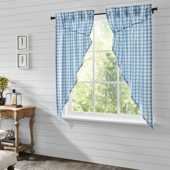 VHC Brands Annie Blue Buffalo Check Farmhouse Prairie Short Panel Curtain Set 63x36x19