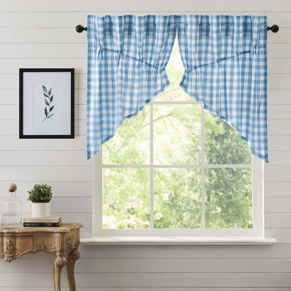 VHC Brands Annie Blue Buffalo Check Farmhouse Prairie Swag Curtain Set 36x36x18
