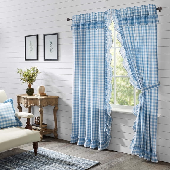 VHC Brands Annie Blue Buffalo Check Farmhouse Ruffled Panel Curtain Set 84x40