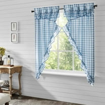 VHC Brands Annie Blue Buffalo Check Farmhouse Ruffled Prairie Short Panel Curtain Set 63x36x19
