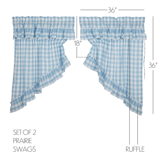 VHC Brands Annie Buffalo Check Blue Ruffled Prairie Panel Pair Set of 2, Short