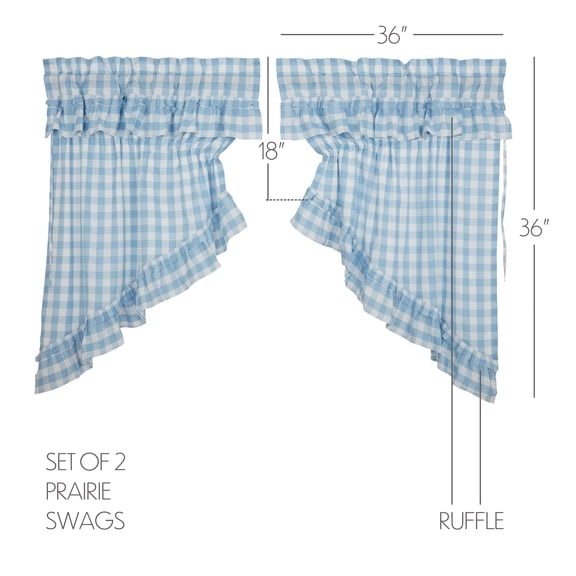 VHC Brands Annie Buffalo Check Blue Ruffled Prairie Panel Pair Set of 2, Short