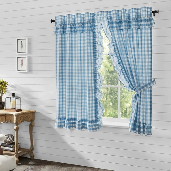 VHC Brands Annie Blue Buffalo Check Farmhouse Ruffled Short Panel Curtain Set 63x36