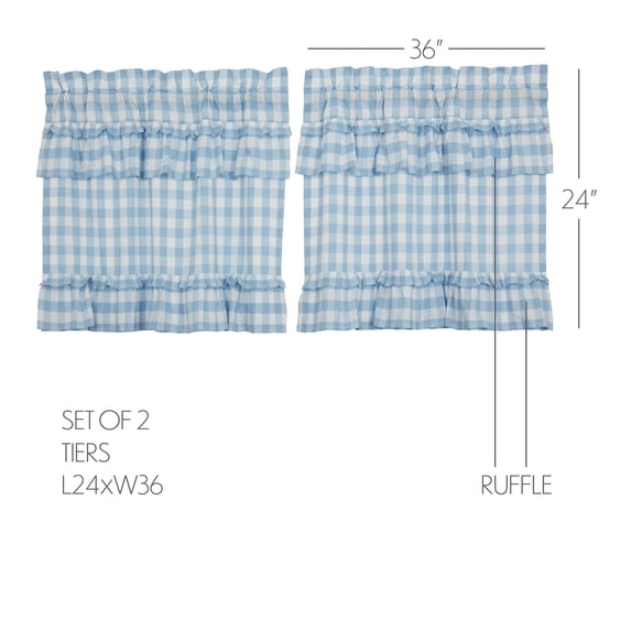 VHC Brands Annie Blue Buffalo Check Farmhouse Ruffled Tier Kitchen Curtain Set 24x36