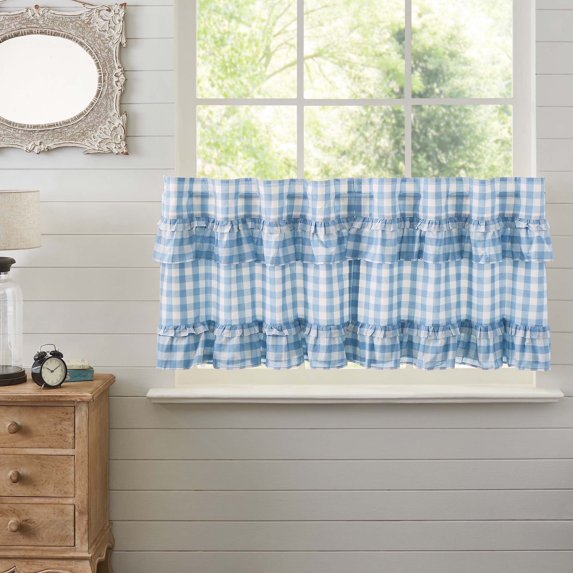 VHC Brands, Annie Blue Buffalo Check Farmhouse Ruffled Curtains, 24x36 ...