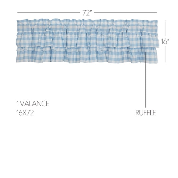 VHC Brands Annie Buffalo Blue Ruffled Check Farmhouse Kitchen Curtain Valance 16x72