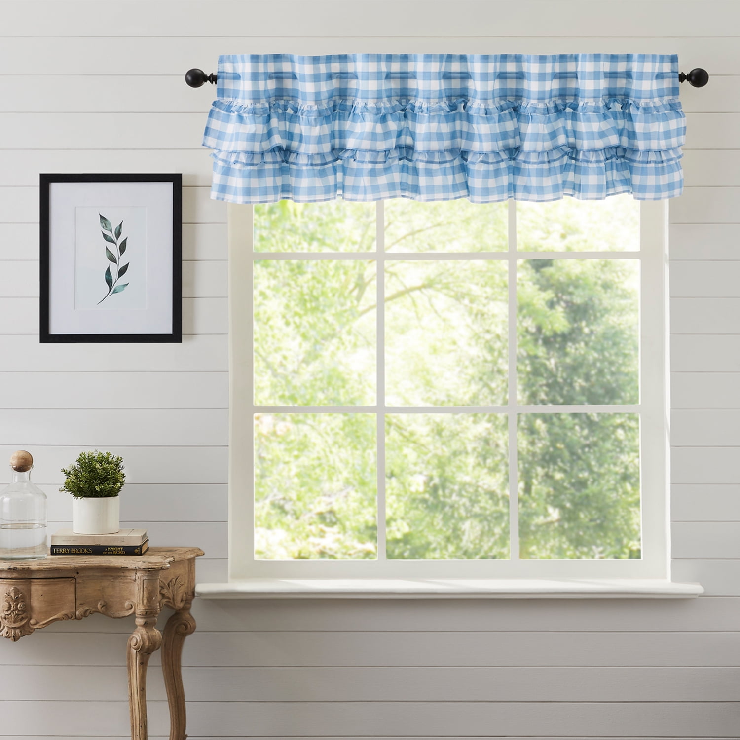 VHC Brands Farmhouse Decor Vorhang – Baumwolle, Schablonenmuster, Chambray Blau, 60 X 50 Zoll, Mit Stangen-Tasche