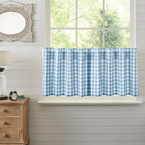 VHC Brands Annie Blue Buffalo Check Farmhouse Tier Kitchen Curtain Set 24x36