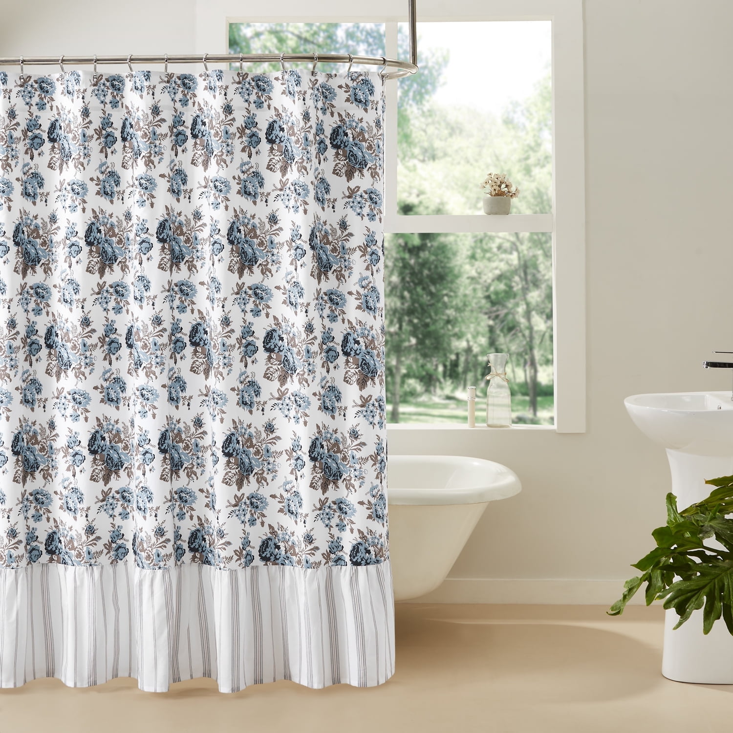 Annie Blue Floral Ruffled Cotton Shower Curtain 72x72