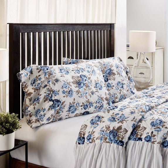 VHC Brands Annie Blue Floral Ruffled Standard Pillow Case (w/ 8" Ruffle)- Set of 2, Vintage Farmhouse