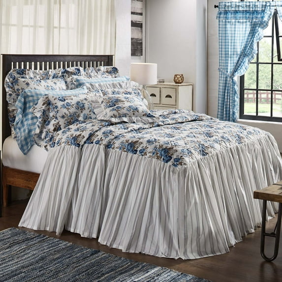VHC Brands Annie Blue Floral Vintage Farmhouse California King Quilt Coverlet 84x72 27" Drop