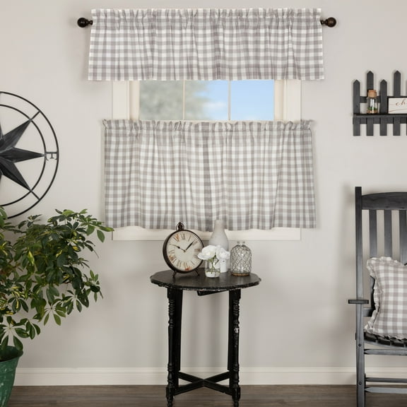 VHC Brands Annie Buffalo Check 3 PC Ash Grey Curtain Set (1 Valance 16x72 and 2 Tier 24x36)
