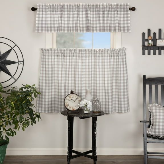 VHC Brands Annie Buffalo Check 3 PC Ash Grey Curtain Set (1 Valance 16x72 and 2 Tier 36x36)
