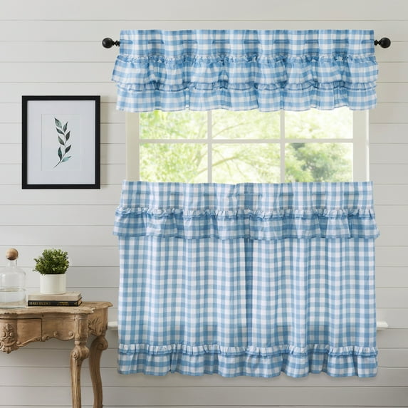 VHC Brands Annie Buffalo Check 3 PC Dusk Blue Ruffled Curtain Set (1 Valance 16x72 and 2 Tier 36x36)