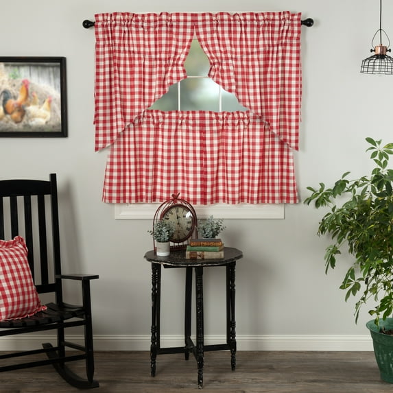 VHC Brands Annie Buffalo Check 4 PC Country Red Curtain Set (2 Prairie Swag 36x18 and 2 Tier 24x36)