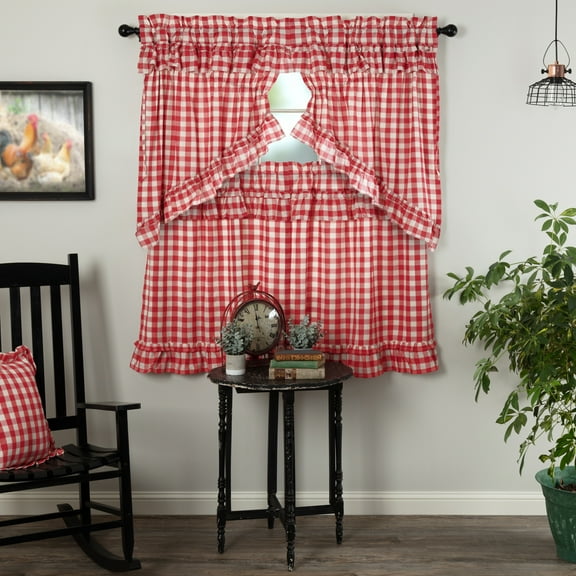 VHC Brands Annie Buffalo Check 4 PC Country Red Ruffled Curtain Set (2 Prairie Swag 36x18 and 2 Tier 36x36)
